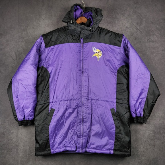 Minnesota Vikings NFL Puffer Coat Mens Large Purple Black Hooded Fleece Lined